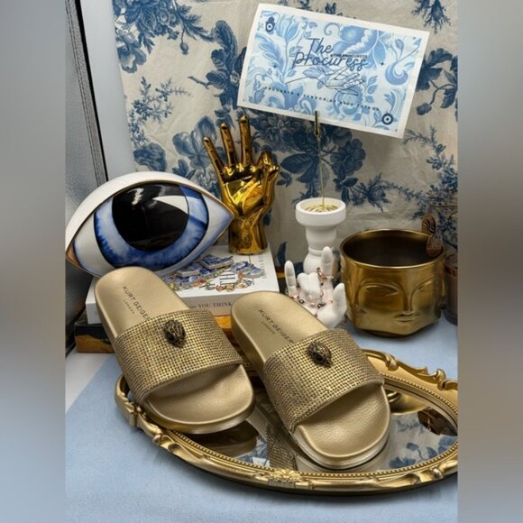 🆕 KURT GEIGER LONDON 🧿 NWOB Meena Eagle Gold Crystal Studded Slide, Sz US 7 - Picture 2 of 14